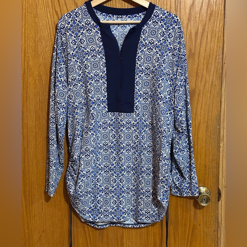 Lands' End Navy and White Printed Women's Swim Tunic with Contrast Placket